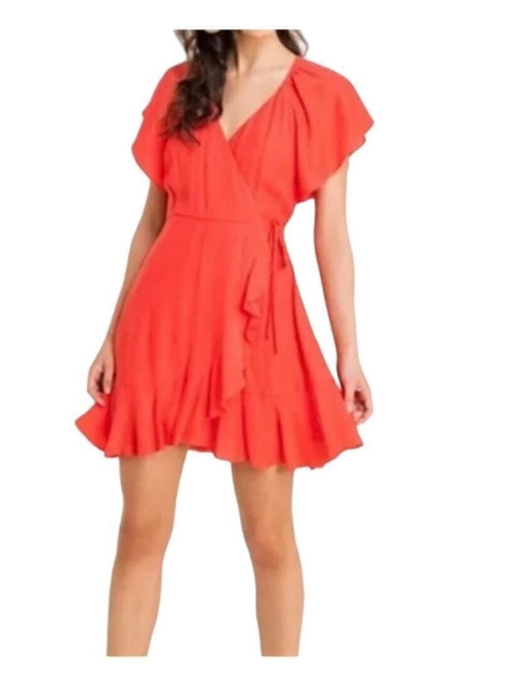 Lush Hot Coral Floaty Ruffled Wrap Dress Small Red